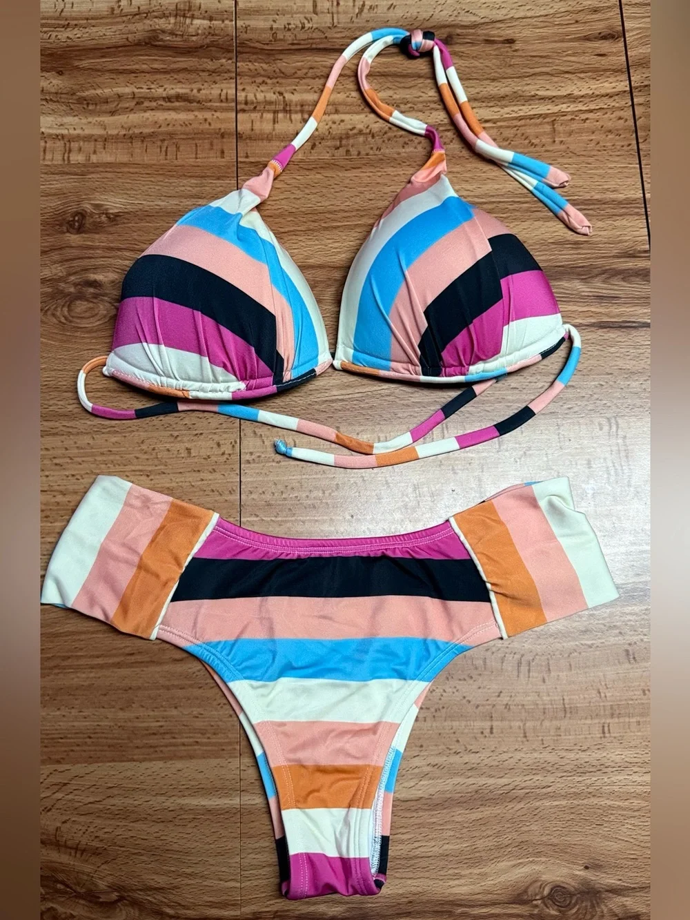 Striped Multicolor Triangle Bikini Set - Pink, Blue, Black, Peach, Cream